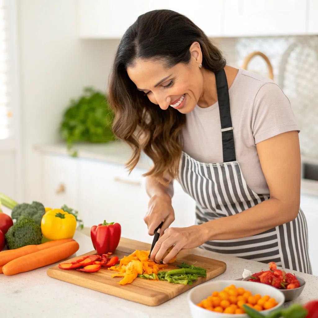 Ashley Rodriguez preparing a vegetarian meal with vibrant vegetables
