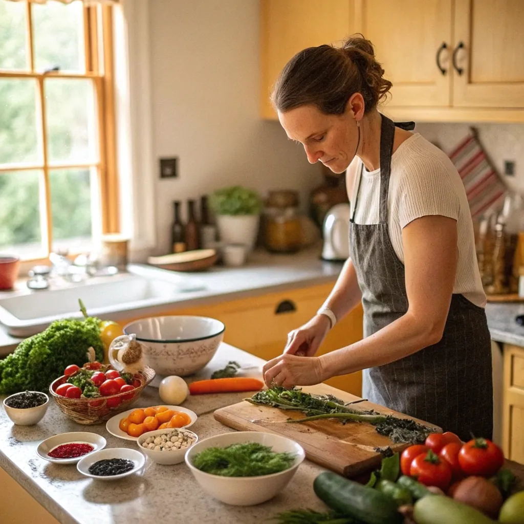 Emma Harrison cooking in her kitchen with ingredients ready