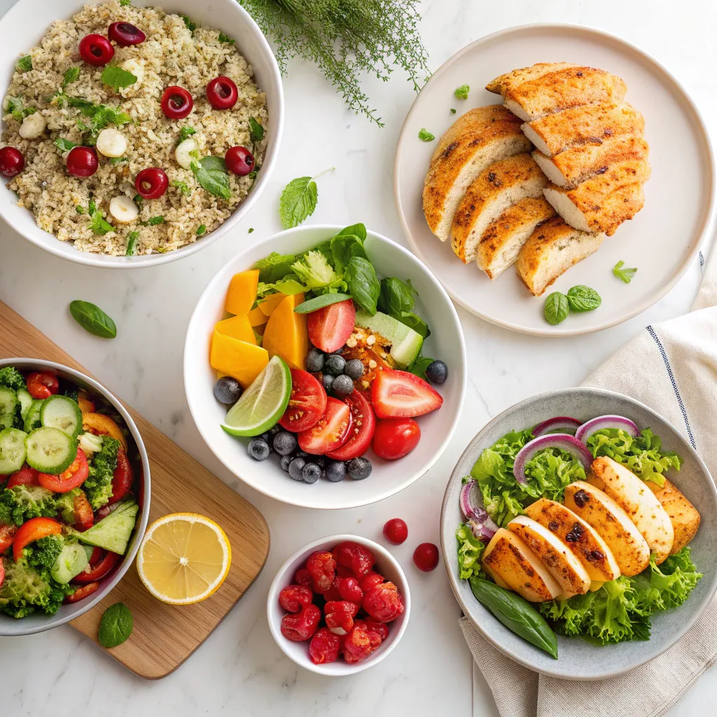 Five healthy dishes on a table